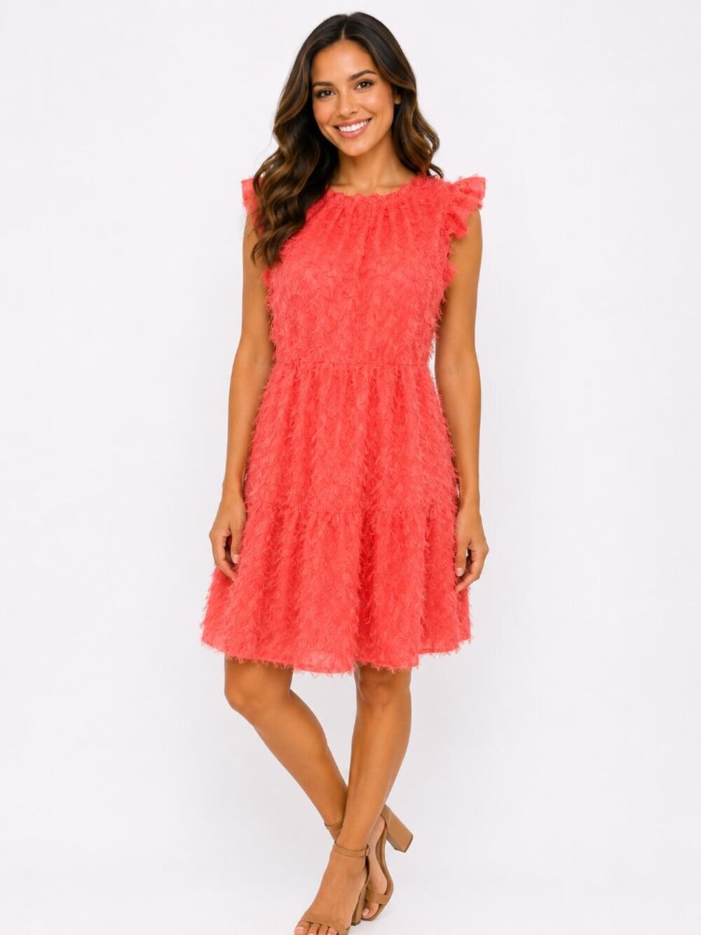 Versona Coral Textured Fringe Dress M Sleeveless Fit Flare